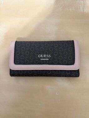 GUESS Brown Monogram Wallet with Pink Trim